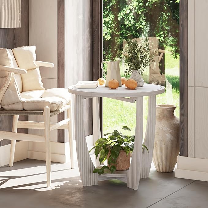 Rustic Farmhouse end Table with Storage Shelf, French Country Accent Side Table for Family, Dinning or Living Room, Small Spaces, Modern, Round, White