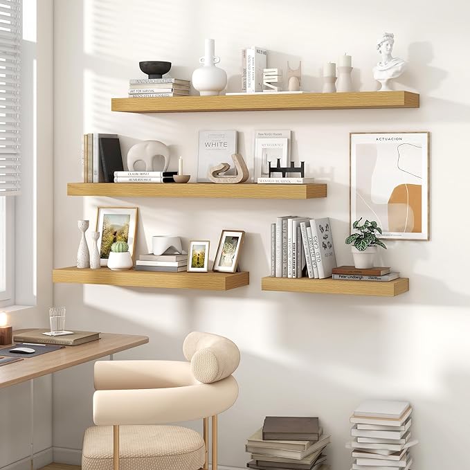 Heimlove 48" Floating Shelves for Wall,10 Deep Rustic Wood Storage Wall Shelves with Heavy Duty Brackets for Bathroom,Bedroom,Kitchen,Living Room,Office,Oak Color