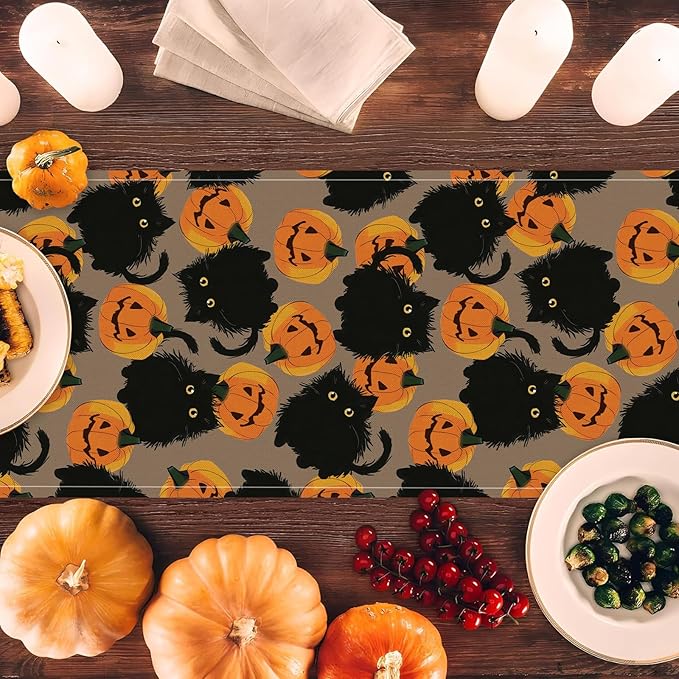 Halloween Table Runner Black Cat Pumpkins Seasonal Kitchen Dining Table Home Outdoor Party Decorations 13x48 Inch