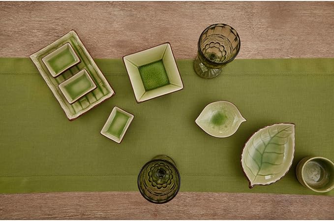 Solino Home Linen Avocado Green Table Runner 90 Inches Long - 100% Pure Linen Hemstitch 14 x 90 Inch Table Runner for Dining, Fall, Autumn, Thanksgiving - Classic Hemstitch