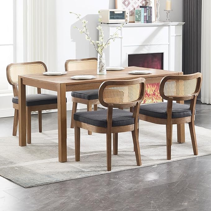 Rattan Dining Chairs Set of 2 Upholstered Linen Kitchen & Dining Room Chair with Curved Backrest Farmhouse Kitchen Chair Solid Wood Armless Side Chair for Dining Room/Restaurant, Black