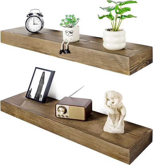 Floating Shelves 3 inch Thick for Wall Set of 2,Solid Pine Wood Wall Mount Shelf for Kitchen Living Room Bedroom Bathroom,8" D x 36" L x 3" H-Black Walnut