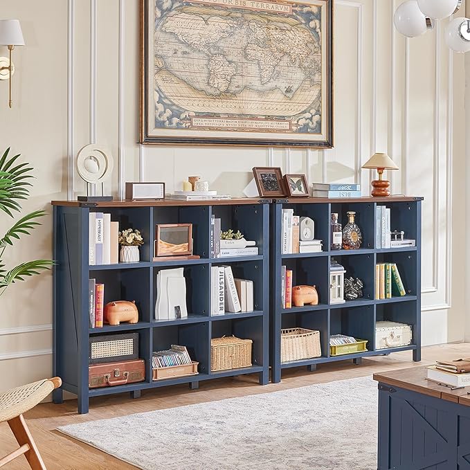 9 Cube Bookcase, Farmhouse 47 Inch Wide Navy Blue Bookshelf, Wooden 3 Tier Display Large Open Book Shelf, Vintage Horizontal Book Case for Home Office, Cubby Storage Cabinet for Living Room