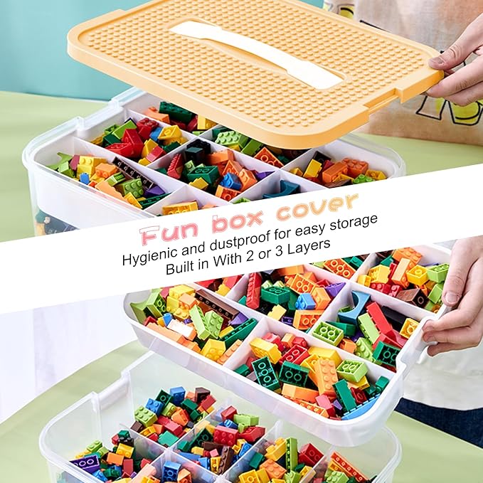 Toys Organizer Storage Case for Lego Box Kids Toy Stackable Building Blocks with Lids Bins Adjustable Lego Storage Containers Plastic Toy Box 2 Layer (Lemon)