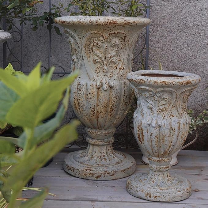 Vintage European Giant Garden Urn Planter, Decorative Cement and Fiber Flower Pot, Make Rust Finished, Wrap Foam Safely Delivered from Local Warehouse (Vintage, Large)