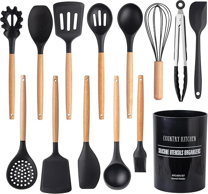Country Kitchen Non Stick Silicone Utensil Set with Rounded Wood Handles for Cooking and Baking, 14 Piece Set, Black