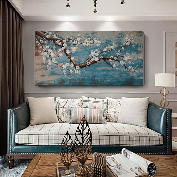 Large Canvas Wall Art for Living Room- 100% Hand-Painted Oil Painting with Texture, Extra Large Gallery Wrapped Floral Plum Blossom Tree Artwork Blue Teal Lake Wall Picture for Bedroom, Office Decor
