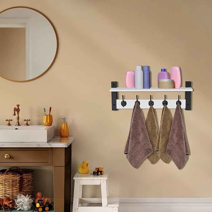 Sorbus Coat Hooks Wall Mount with Shelf – 24 Inch Coat Rack Wall Mount with 5 Heavy Duty Hooks – Floating Wall Shelf with Hooks for Entryway, Bathroom, Bedroom, Kitchen, or Mudroom (White)