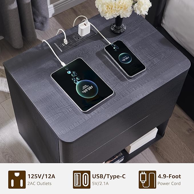 Nightstand with Charging Station, 22" Push-to-Open Bedside Table with 2 Storage Drawers, Large Modern End Table for Bedroom,Black