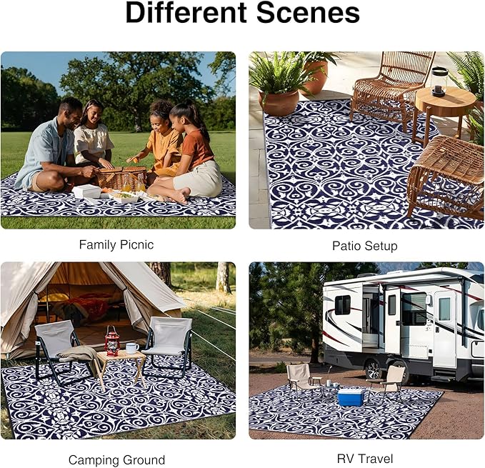 OLANLY Outdoor Rug Waterproof 6x9 ft Clearance, Reversible Outdoor Plastic Straw Rug with Floral Pattern, RV Mat for Patio, Camping, Balcony, Deck, Backyard, Navy & White