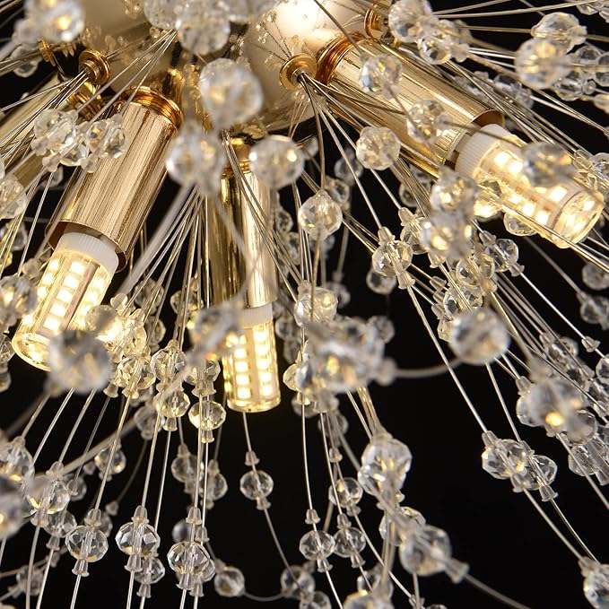 Modern Crystal Chandelier, Sputnik Dandelion High Ceiling Hanging Lamp, Large Beaded Gold Pendant Light for Living Room Dining Room Kitchen Island Bedroom (Gold 16Lights)