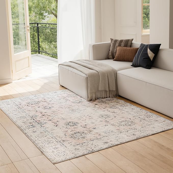 5'x7' Vintage Floral Rug - Persian Inspired Low-Pile Faux Wool Area Rug, Non-Slip Washable Rug for Bedroom, Nursery, Dorm, Soft Pink Boho Chic Decor