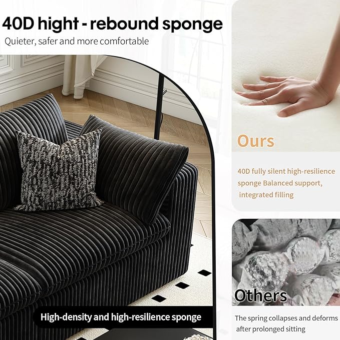 118" Cloud Couch Modular Sectional Sofa for Living Room,Modern Sofa with Deep Seat，3 Seater Boneless Couch,Comfy Upholstered Corduroy Couches for Apartment, Studio, Office,Bedroom，Black