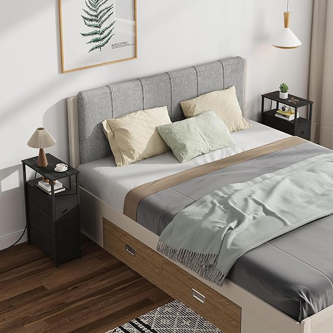 TUTOTAK Narrow Night Stand with Charging Station, Slim End Table with Plugins, Tall Side Table with 3 Fabric Drawer, Small Bedside Table with Storage, Set of 2, Living Room, Bedroom, Black TB01BK073