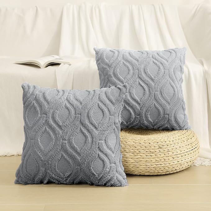 decorUhome Fall Throw Pillow Covers 20x20 Inch Set of 2, Soft Plush Decorative Faux Fur Grey Solid Couch Pillow Covers, Accent Farmhouse Neutral Square Euro Pillow Cases for Sofa Bed Living Room
