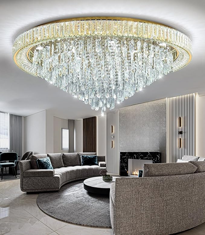Modern Crystal Chandeliers LED Dimmable Flush Mount Ceiling Chandeliers for Living Room High Ceiling Entrance Foyer Lobby Bedroom Gold