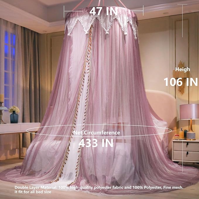 AIKASY Girls and Adults Canopy Bed, Elegant Double-Layer Bed Curtain, Children's Dream Round Lace Mosquito Net, Princess Canopy Net - Fits Twin, Full, Queen, and King Beds (White/Red Bean)