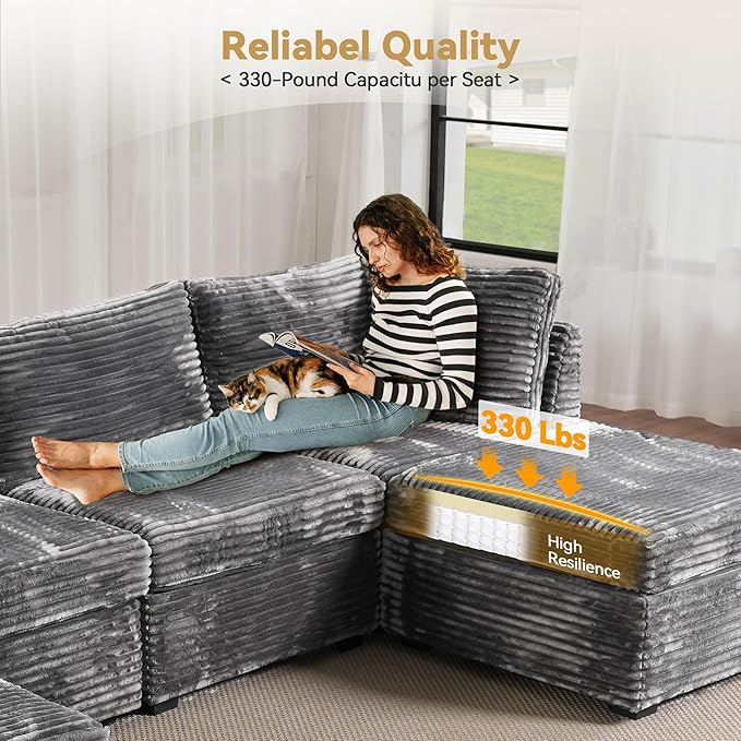 Modular Sectional Sofa, 130.7" L Shaped Couch Set for Living Room, 4-Seater Comfy Cloud Couches with Movable Ottoman, DIY Combination, Plush Corduroy, Gray