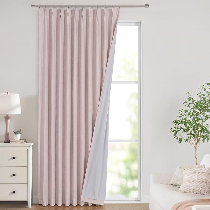 Vision Home Soft Pink Pinch Pleated Full Blackout Curtains Linen Blended Room Darkening Window Curtains 112 inch for Living Room Bedroom Thermal Insulated Pinch Pleat Drapes with Hooks 60" Wx112 Lx1