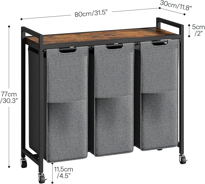 HOOBRO Laundry Sorter 3 Section, Laundry Hamper with Wheels, 3 × 11.5 Gal (43.4L), Rolling Laundry Basket, Pull-Out and Removable Oxford Fabric Laundry Bags, Rustic Brown and Grey BFG76XY01