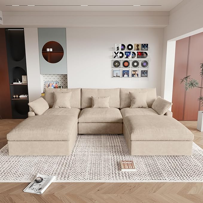 JACH U Shaped Sectional Couches, Cloud Sectional Couch with Deep Seat, 119" Down Filled Modular Sofa with Chaise, Covers Removeable & Washable, Sofas Furniture for Living Room, Khaki