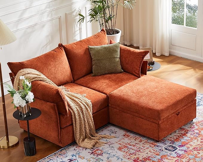 Oversized Loveseat Sofa, Modern Modular Sectional Couch Terracotta Orange Fluffy Chenille Mid Century 2-Seat 24.5" Deep Seat for Apartment, Living Room, Bedroom