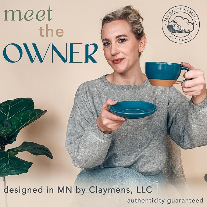 Mora Ceramic Latte Art Mug With Saucer - 10.5 oz, Round Bottom For Perfect Pours - Cafe Cups for Cappuccino, Espresso, Coffee, Tea etc - Porcelain Set for Baristas, Great Gift - Azure Blue