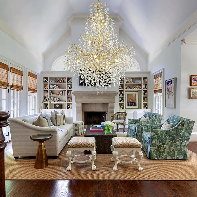 H65'' Gold Tree Branch Crystal High Ceilings Chandeliers, 27-Lights Modern K9 Crystal Staircase Chandeliers, D48'' Foyer Chandelier for High Ceiling, Luxury Large Living Room Chandelier