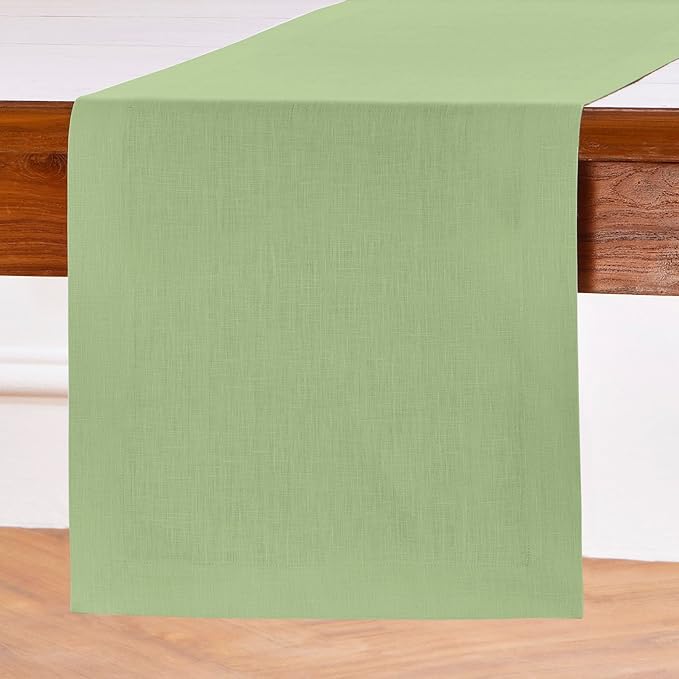 Solino Home Linen Table Runner 120 Inches Long - 100% Pure Linen Laurel Green Dining Table Runner 14 x 120 Inch for Fall, Autumn, Thanksgiving - Fete