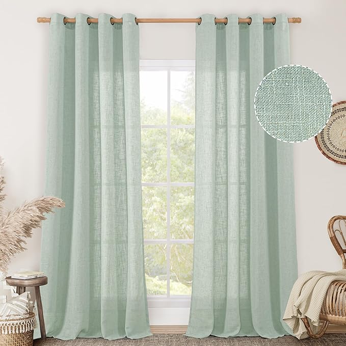 LAMIT Light Sage Linen Curtains 90 Inch for Bedroom, Bronze Grommet Linen Textured Semi Sheer Curtains Light Filtering Drapes for Living Room/Farmhouse, 2 Panels, 52 x 90 Inch