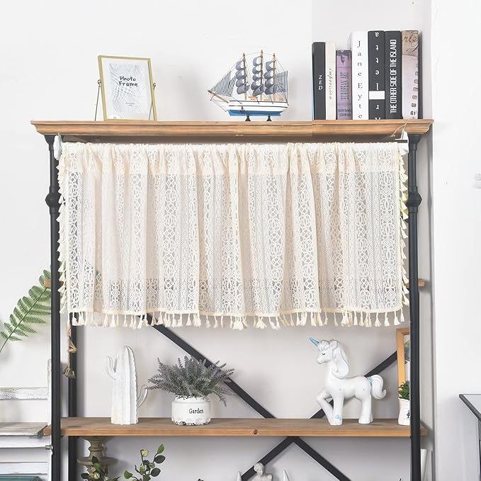 Sutuo Home Boho Sheer Curtain Valance Crochet Lace with Bohemian Hollow Knitted Handmade Tassels, Short Rustic Window Treatment for Kitchen Cafe, Rod Pocket, 1 Panel 59" W x 24" L,Beige
