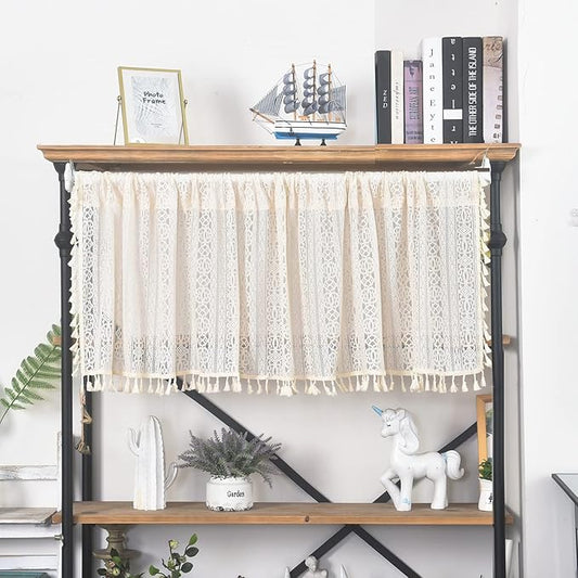 Sutuo Home Boho Sheer Curtain Valance Crochet Lace with Bohemian Hollow Knitted Handmade Tassels, Short Rustic Window Treatment for Kitchen Cafe, Rod Pocket, 1 Panel 59" W x 24" L,Beige