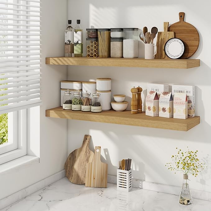 36 Inch Floating Shelves, 9.3 Inch Deep Rustic Wall Shelves - Extra Deeper Wall Mounted Storage Shelves for Bathroom, Kitchen, Living Room (Oak, Set of 2)