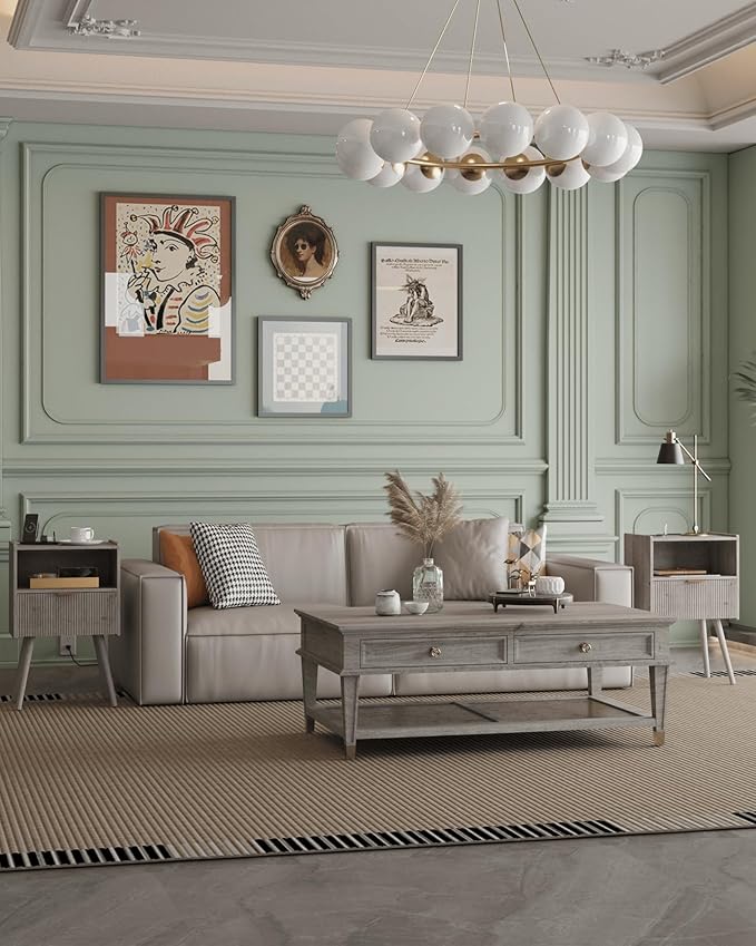 Nightstand,Modern Bedside Table with Storage Drawer and Open Wood Shelf, Accent Night Stand with Solid Wood Legs for Living Room, Bedroom and Small Spaces,Easy Assembly (Grey Oak-Outlet)