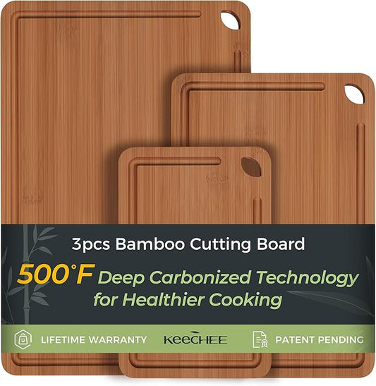 Bamboo Cutting Board, Durable Wood Cutting Boards for Kitchen with Deep Juice Grooves & Built-in Handles, Ideal Charcuterie & Chopping for Meat, Vegetables and Fruits Ideal Kitchen Gifts