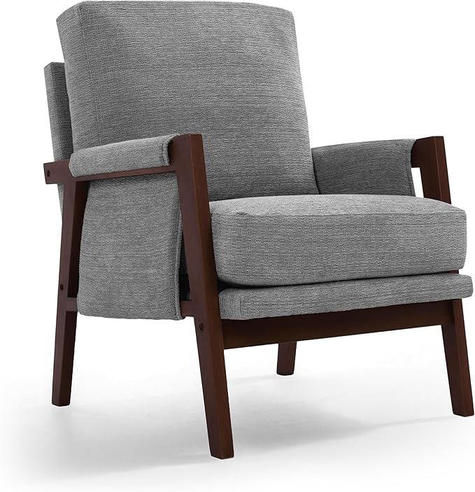 Modern Accent Chair for Living Room Mid Century Arm Chair Upholstered Bedroom Chair Comfy Lounge Chair with Solid Wood Frame, Grey