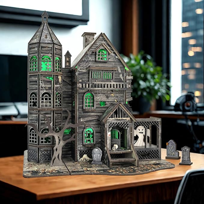 DIY Mini House Kit, Miniature Haunted House Kits with LED Accessories Furniture, 3D Wooden Puzzles for Adults, Dollhouse Craft Gifts for Girls, Boys, Teens