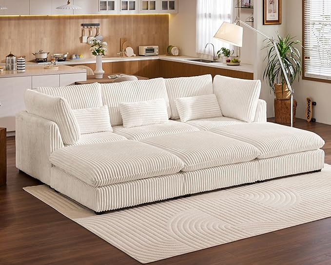 Oversized Modular Sofa, Extra Deep Cloud Corduroy Sectional Couch with Ottoman Chaise, Fluffy Chenille 6 Seater Couch Bed for Living Room, Villa (Sofa Bed 6 Seater, Corduroy White)