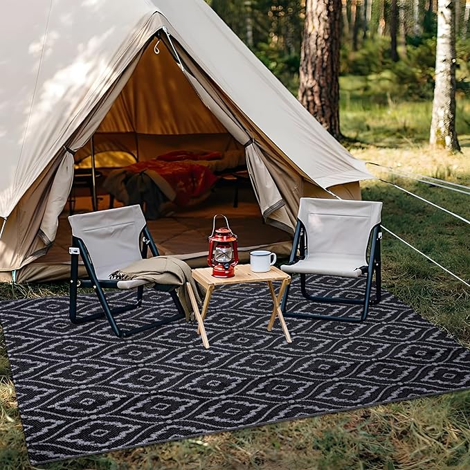 OLANLY Outdoor Rug 5x8 ft Waterproof, Outdoor Plastic Straw Rug with Geometric Pattern Clearance, Reversible RV Mat for Patio, Camping, Balcony, Deck, Backyard, Black & Grey