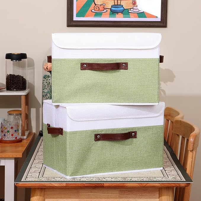 ANMINY 2PCS Storage Boxes with Lid Washable Decorative Storage Bins Basket with PU Leather Handle Foldable Linen Fabric Storage Cubes Containers for Home Closet Organizer - Green White, Large Size