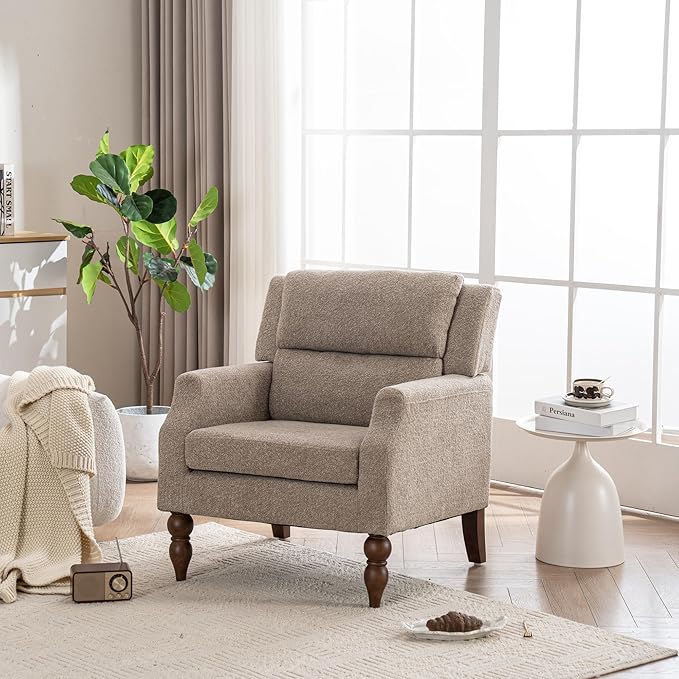 Kidol & Shellder Light Brown Oversized Accent Chair for Living Room Mid Century Modern Reading Chair with Back Upholstered Comfy Single Sofa Chair for Bedroom Lounge Side Corner Boucle Fabric Armchair