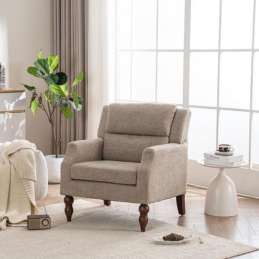 Kidol & Shellder Light Brown Oversized Accent Chair for Living Room Mid Century Modern Reading Chair with Back Upholstered Comfy Single Sofa Chair for Bedroom Lounge Side Corner Boucle Fabric Armchair