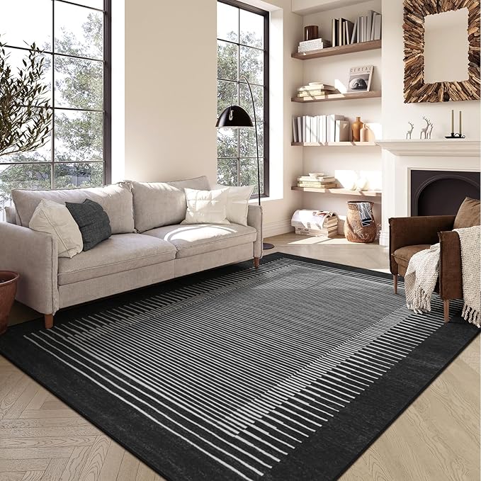 Wonnitar Washable Striped 5x7 Washable Area Rug, Non-Slip Black Berber Stripe Rugs for Living Room, Low Pile Minimalist Floor Carpet Rugs for Bedroom Dining Room Home Office (Black,5' x 7')