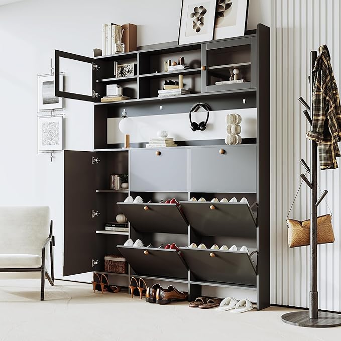 Ball & Cast Tipping Bucket 3-Tier Shoe Cabinet with 6 Flip Drawers and Storage Shelf,Entryway Hall Tree with Tempered Glass Doors and 4 Hooks,for Hallway,Mudroom,Living Room,Black