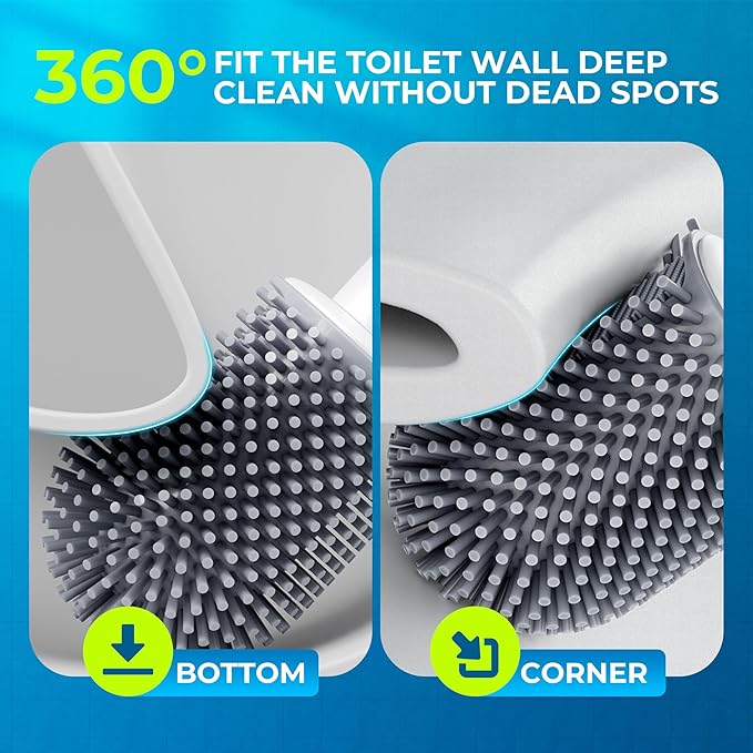 Silicone Toilet Brush and Holder Set with L-Shaped Brush Head, Wall Mounted Toilet Brush Set with Long Non-Slip Handles, Compact Toilet Bowl Cleaner Brush Suitable for RV Trailers & Bathroom (2 Pack)