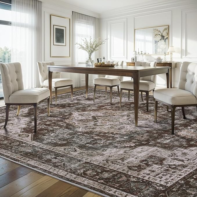 AMOAMI-Area Rug 9X12 Rugs for Living Room-Vintage Soft Brick/Brown Rugs for Bedroom-Non Slip Carpet-Washable Rug for Dining Room Living Room Bedroom Office Under Table