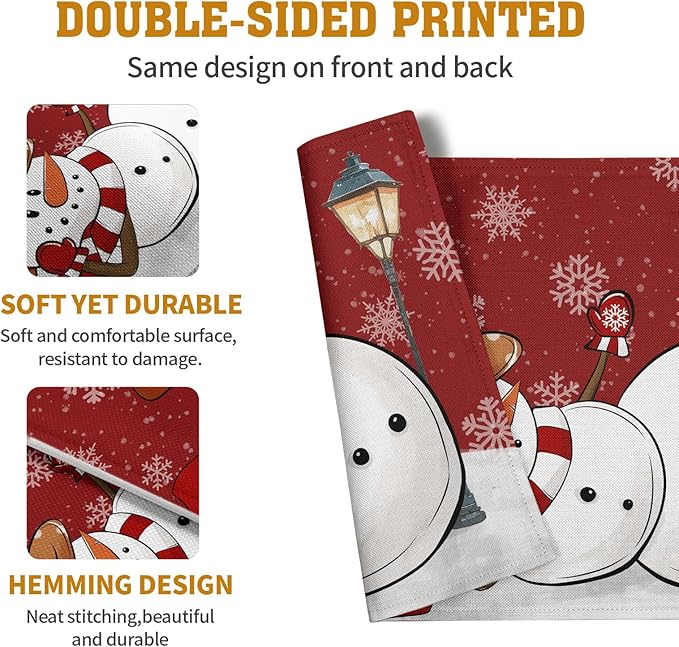 Red Snowman Snowflake Christmas Placemats Set of 4 Seasonal Winter Linen Table Mats 12x18 Inch Xmas Holiday Snow Farmhouse Rustic Washable Place Mat for Party Kitchen Dining Outdoor Indoor Decor