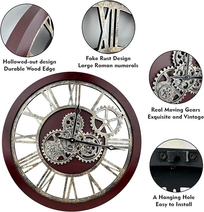 The B-Style Large Wall Clock 24 inch Moving Gear Wall Clock Oversized Vintage Farmhouse Wall Clocks for Living Room Decor Rustic Industrial Wood Clock (Walunt Wood and Bronze)