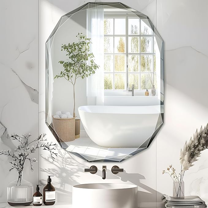 Bathroom Mirror for Wall, 30" x 40" Oval Mirror, Bathroom Vanity Mirror, Wall Mount Vanity Mirrors, Beveled Edge Frameless Wall Mirrors Decorative, Irregular Beveled Edge Mirror