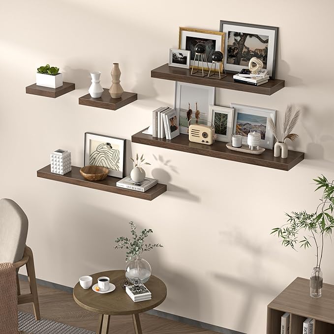 Floating Shelves for Wall, 31.5"W x 6.7"D x 1.5"H, Wooden Wall Mounted Display Shelves with Invisible Brackets for Living Room, Bedroom, Bathroom, Kitchen Decor and Storage, Set of 2, Walnut